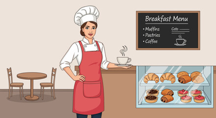 Welcoming Chef Presenting Breakfast Delights at a Charming Cozy Cafe Interior Scene