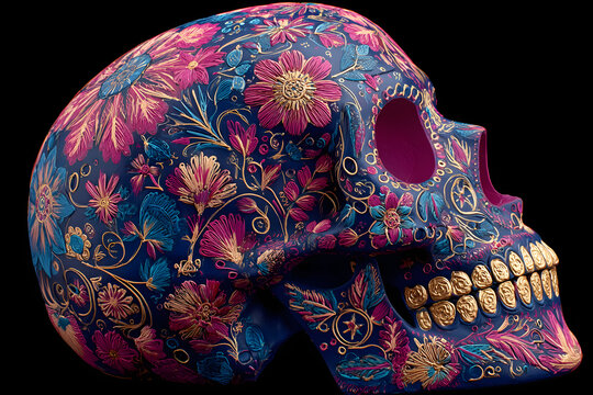 Colorful sugar skull with intricate floral designs, erfect for celebrating Diade los Muertos and adding ibrant decor.