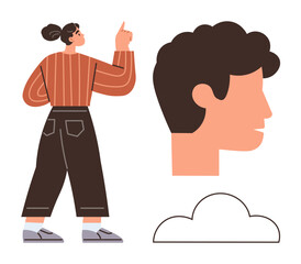 Woman pointing upward, head profile symbolizing ideas and creativity, and cloud element. Ideal for brainstorming, innovation, inspiration, introspection, decision-making, problem-solving
