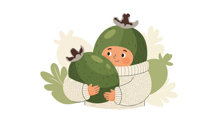 Obraz premium Whimsical Child Embracing Oversized Green Fruit: A Joyful and Playful Illustration