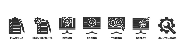 Software development life cycle banner web icon vector illustration concept of sdlc with icon of planning, requirements, design, coding, testing, deploy and maintenance