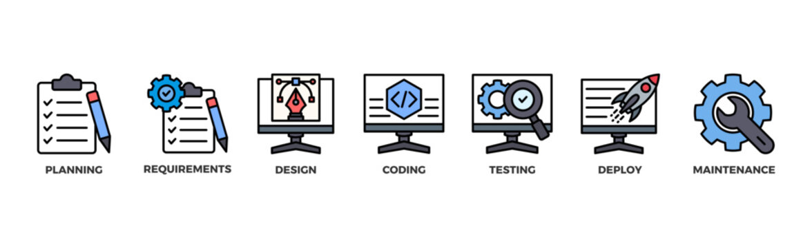 Software development life cycle banner web icon vector illustration concept of sdlc with icon of planning, requirements, design, coding, testing, deploy and maintenance