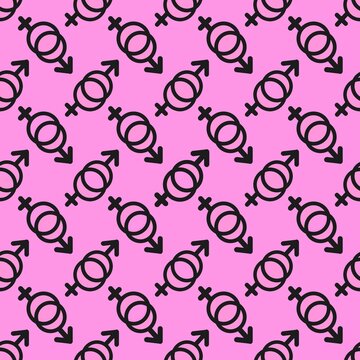 Seamless male and female symbol pattern on pink background. Modern gender icon design for wallpaper, textile, wrapping, and decoration.