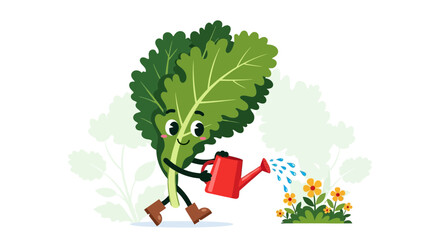 Obraz premium Whimsical Leafy Character Watering Flowers: A Delightful Garden Illustration