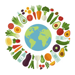 Vector illustration of Vegan food flat lay with earth symbol and fresh ingredients