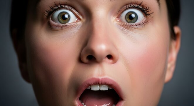 Shocked Expression: A close-up portrait of a person's face reveals wide, expressive eyes and a gaping mouth, capturing the raw emotion of astonishment and disbelief.