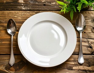 An empty white plate and a spoon and fork on a wooden table.