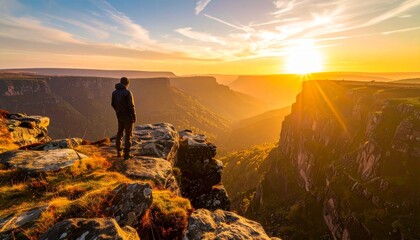 Fototapeta premium Walker at Cliff Awaiting Sunrise