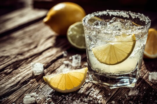 Close up of a lemon Margarita with ice on a weathered wooden table tinted