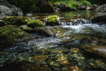 Fototapeta premium Close up of a mountain stream with clear water cascading over mossy stones