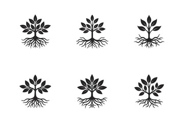 Diverse Tree of Life Silhouette Set for Environmental Awareness and Growth Concepts with Varied Root and Leaf Styles