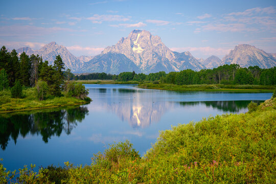 Mt. Moran and Snake River at Oxbow Bend in Grand Teton National Park, Wyoming&mdash;a majestic landscape of water reflections and wildlife-rich riverbend beneath the towering Teton Range.