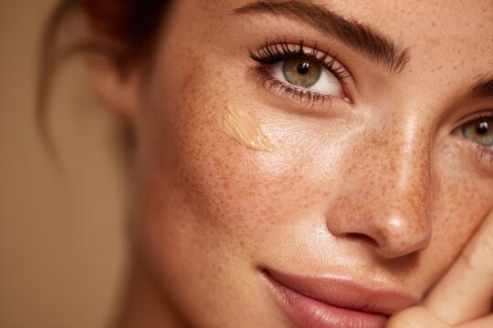 Close up of a young woman putting on foundation