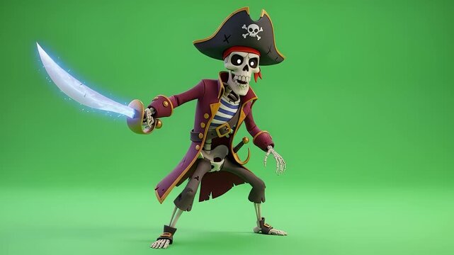 Animated Skeleton Pirate Character with Sword on Green Screen for Compositing and Visual Effects