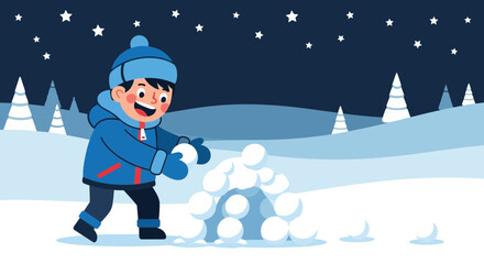 Winter Fun: A Cheerful Child Building a Snow Fort Under a Starry Sky