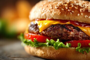 Closeup of a delicious traditional burger from a fast food restaurant