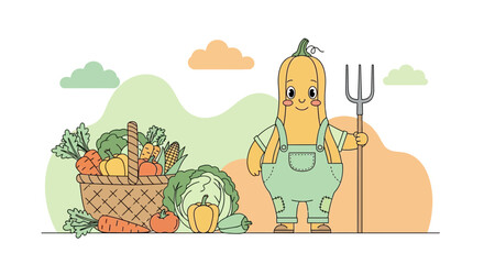 Cheerful Pumpkin Farmer With Harvested Vegetables And A Basket In The Garden