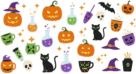 Fototapeta premium Halloween Icons: A vibrant, festive arrangement of classic Halloween symbols. Pumpkins with eerie expressions, witch hats, bubbling potions, mischievous black cats, playful bats.