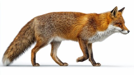Red fox walking, facing right; bushy tail, orange fur, white background