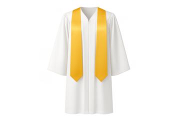 White graduation gown with gold stole on transparent background