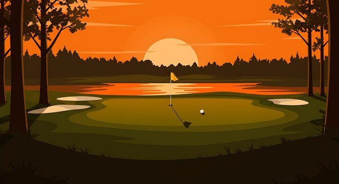 Golf Course Sunset: An idyllic scene on a golf course at sunset, where the tranquil ambiance of the course meets the vibrant hues of the evening sky, inviting to sport game.
