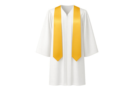 White graduation gown with gold stole on transparent background