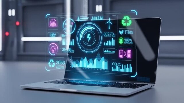 Laptop displaying futuristic interface with energy and environmental data visualizations shown clearly - Powered by Adobe