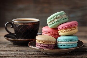 Fototapeta premium Colorful macarons and a retro coffee cup on a wooden surface