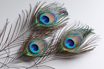 Colorful peacock plumage against a light backdrop