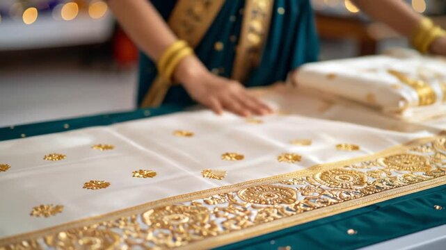 Close-up of a white and green sari with intricate golden embroidery