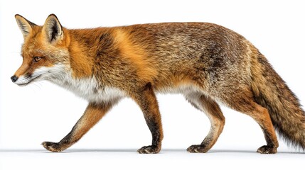 Fototapeta premium Red fox walking, side view, orange fur, black legs, bushy tail on white