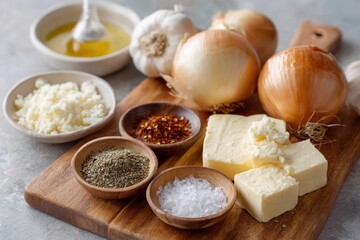 Fototapeta premium Components for French onion soup preparation