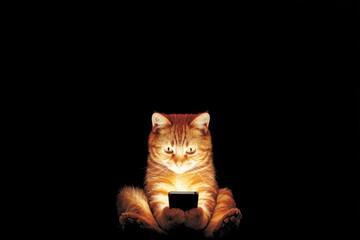 Charming cat captivated by phone in nighttime setting. Adorable smartphone. The invisible weight of moral and political prohibitions in daily life. Political restrictions. Cat night room.