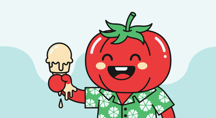 Cheerful Tomato Person Enjoying Ice Cream Cone During Summer Days In a Playful Way