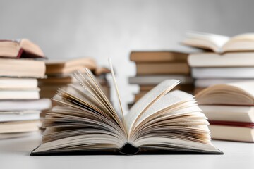 Fototapeta premium Dark book in front of a stack on a white table with a light gray backdrop