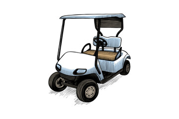 vintage style hand drawn colored illustration of a golf cart