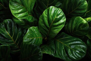 Obraz premium Dark green pho leaves cluster together presenting a shiny backdrop layer