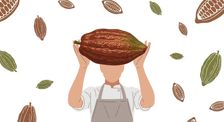 Chef Holding a Large Cacao Fruit, Illustration on a White Background, Chocolate Concept