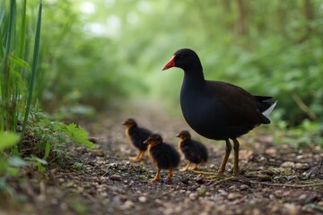 Obraz premium Dark moorhen with nestlings