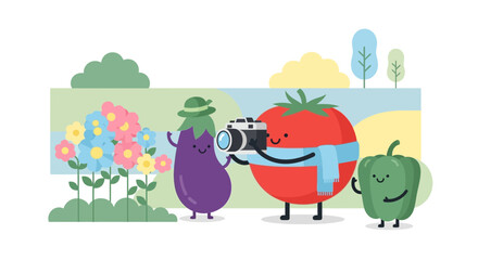 Cheerful Vegetables Exploring the Outdoors, Taking Pictures of Beautiful Flowers