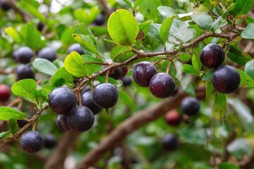 Daytime orchard filled with jabuticaba laden trees