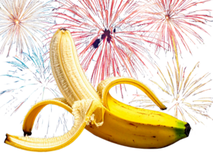 Banana Character Wearing Party Hat and Confetti, Side Angle, isolated