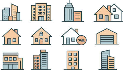 Editable line icon set for real estate properties, featuring urban architecture, buildings, skyscrapers, and more, with editable strokes and vector illustration