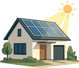 A striking photo of a new suburban home equipped with a rooftop photovoltaic system, a modern eco‑friendly passive house featuring solar panels on its gable roof bathed in morning sunlight