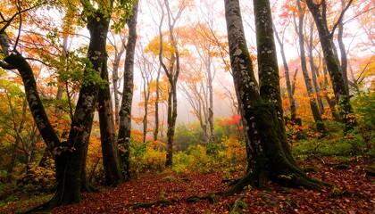 Obraz premium Serene autumnal forest vista with colorful foliage and ethereal misty atmosphere