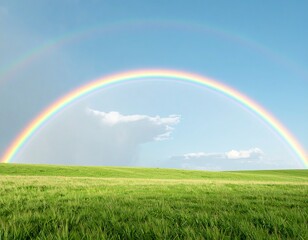 Naklejka premium A vibrant double rainbow arches over a lush green field under a bright blue sky.