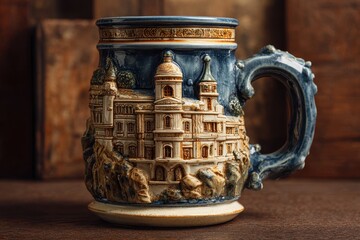 Decorative beer mug with a castle design