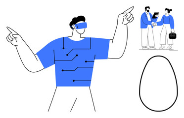 Person wearing VR headset with tech circuit pattern, professionals exchanging info, abstract egg shape. Ideal for innovation, technology, collaboration, virtual reality, networking, futurism simple