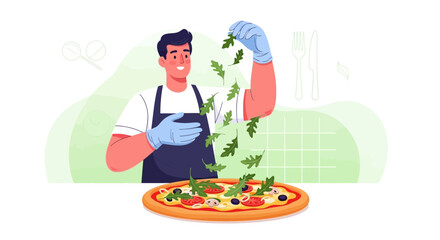 Chef Adding Fresh Green Leaves to a Pizza Decorated with Traditional Ingredients