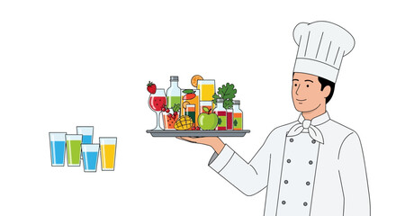 Chef Presenting Assortment Of Drinks, Cocktail Compositions And Juice Beverages Display